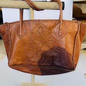 Carla Mancini Leather Whipstitch Tote Bag Cognac Brown Embossed Medallion Large